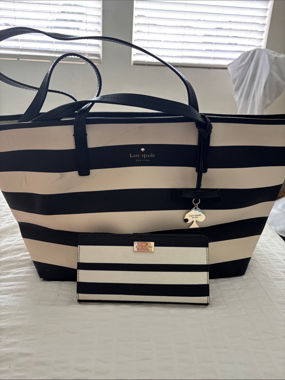 kate spade Black and White Striped Tote with Matching Wallet